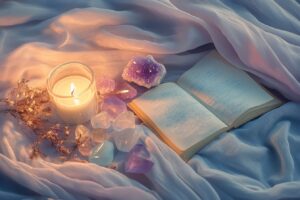Cristais para Cura Emocional e Espiritual: Guia Prático Cristais para cura emocional sobre tecido suave com vela, flores secas e caderno — atmosfera acolhedora e espiritual.