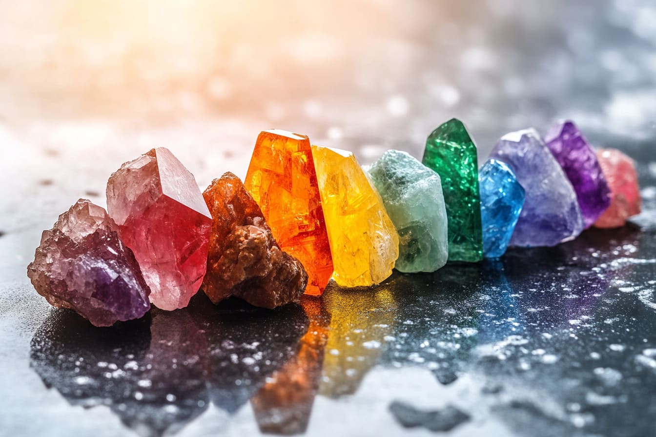 Cristais para os sete chakras organizados em tecido claro com incenso aceso — equilíbrio energético e espiritualidade em harmonia.
